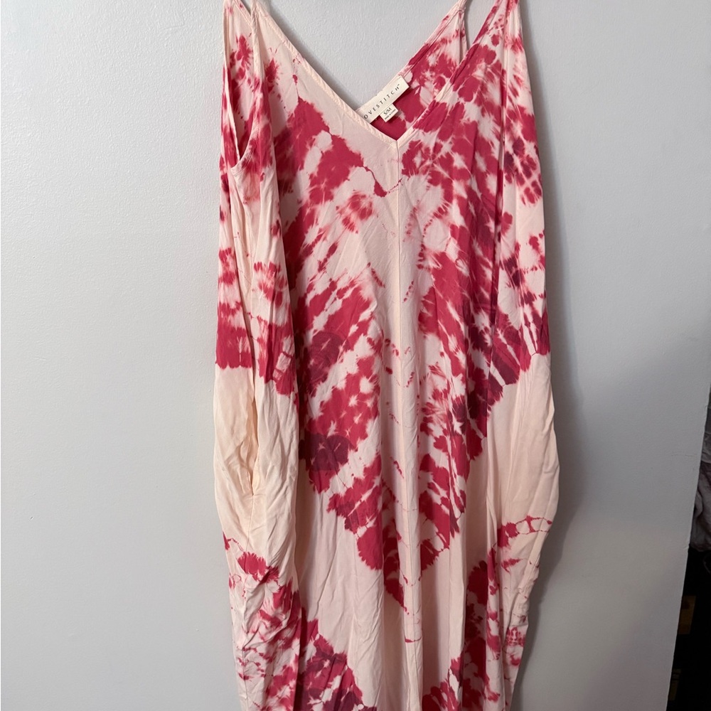 Lovestitch Red & peach V-Neck spaghetti strap maxi Dress size S/M with pockets